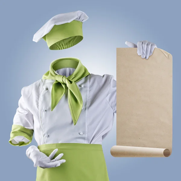 Chef invisível mostra o menu em um fundo azul — Fotografia de Stock