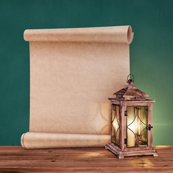 vintage lantern with antique scroll on green background