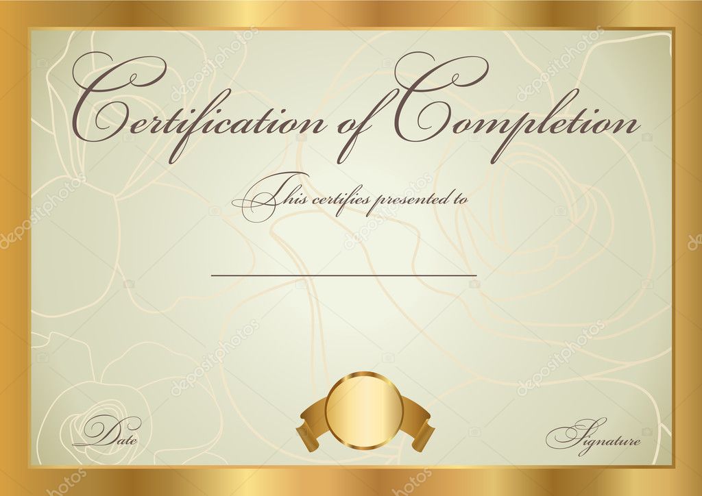 Horizontal certificate (diploma) of completion (template) with floral pattern (background) and border