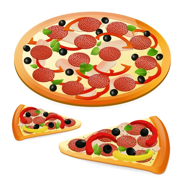 Kaas / Pepperoni pizza (ronde en segment) — Stockvector