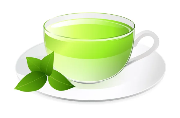Чашка зеленого чая с листочками на тарелке — стоковый вектор
