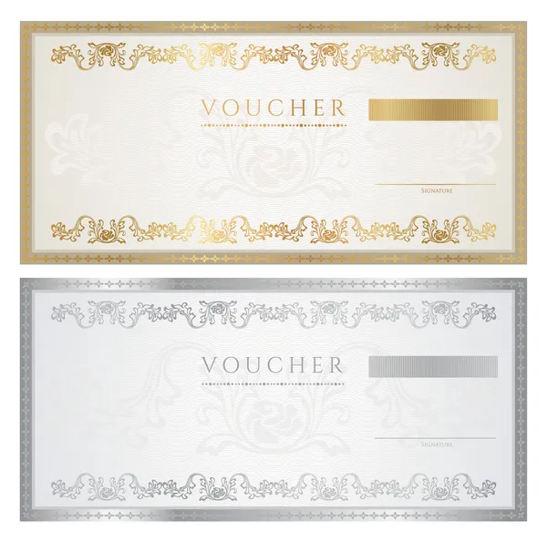 Voucher template with floral pattern, watermark, border. Background design for gift voucher, coupon, banknote, certificate, diploma, ticket, currency, check (cheque). Vector in golden, silver colors — Stock Vector