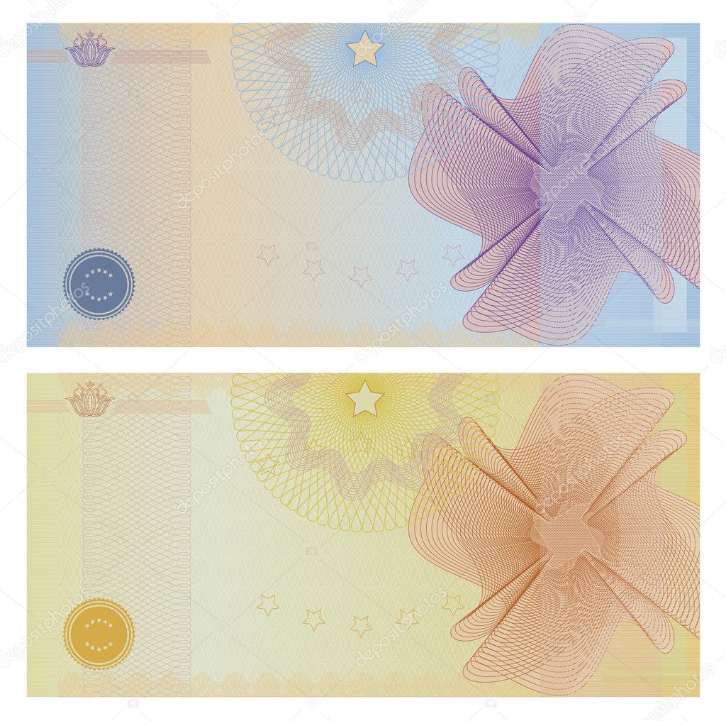 Voucher template with guilloche pattern (watermarks) and borders. This background design usable for gift voucher, coupon, banknote, certificate, ticket, diploma, currency, check (cheque) etc. Vector