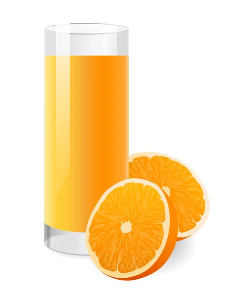 Sumo de laranja fresco isolado em vidro com metade de laranja —  Vetores de Stock