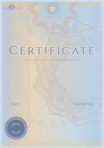 Certificado azul de cumplimentación (plantilla). Patrón de guilloche — Vector de stock