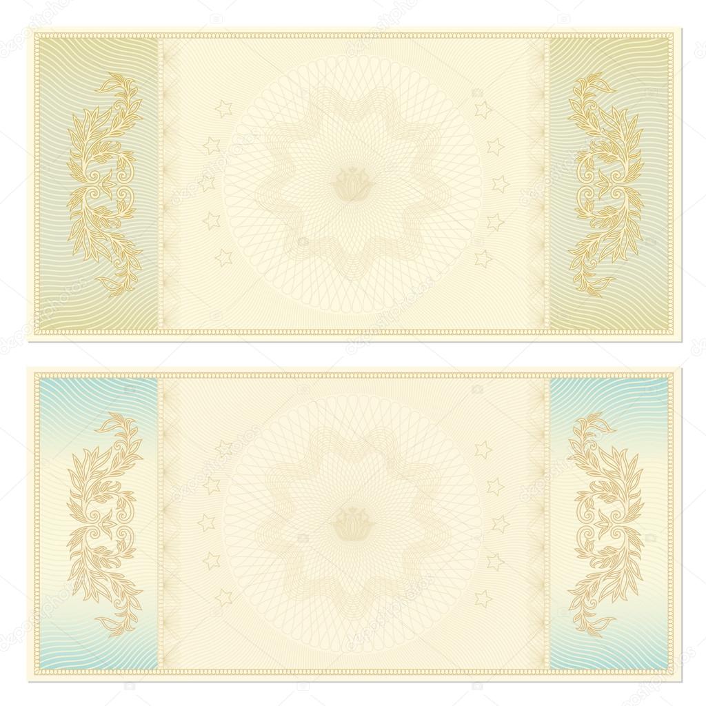 Voucher template with guilloche pattern (watermarks). This background design usable for gift voucher, coupon, ticket, banknote, certificate, diploma, currency, check (vintage) etc. Vector illustration