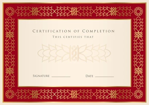 Certificado rojo o diploma de finalización (modelo) con frontera — Vector de stock