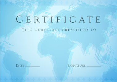 Tamamlama (şablon) harita arka plan ile yatay mavi sertifikası