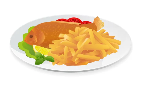 Изолированная рыба и чипсы на тарелке — стоковый вектор