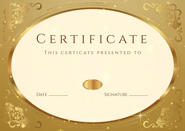 Certificado de oro horizontal (diploma) de finalización (modelo) con marco ovalado y borde — Vector de stock