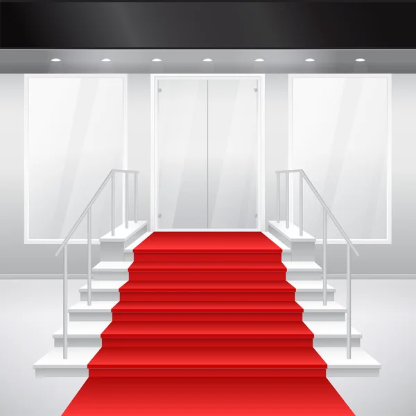 Vstup do obchodu s schodiště, okna a červený koberec — Stockový vektor