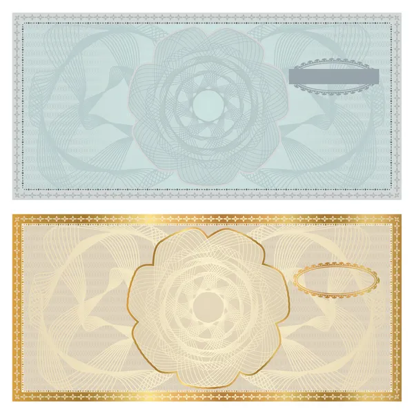 Gutscheinschablone mit Guilloché-Muster (Wasserzeichen), Rand. Hintergrunddesign für Gutscheine, Gutscheine, Banknoten, Zertifikate, Diplome, Währungen, Schecks usw. Vektor in goldenen, blauen Farben — Stockvektor