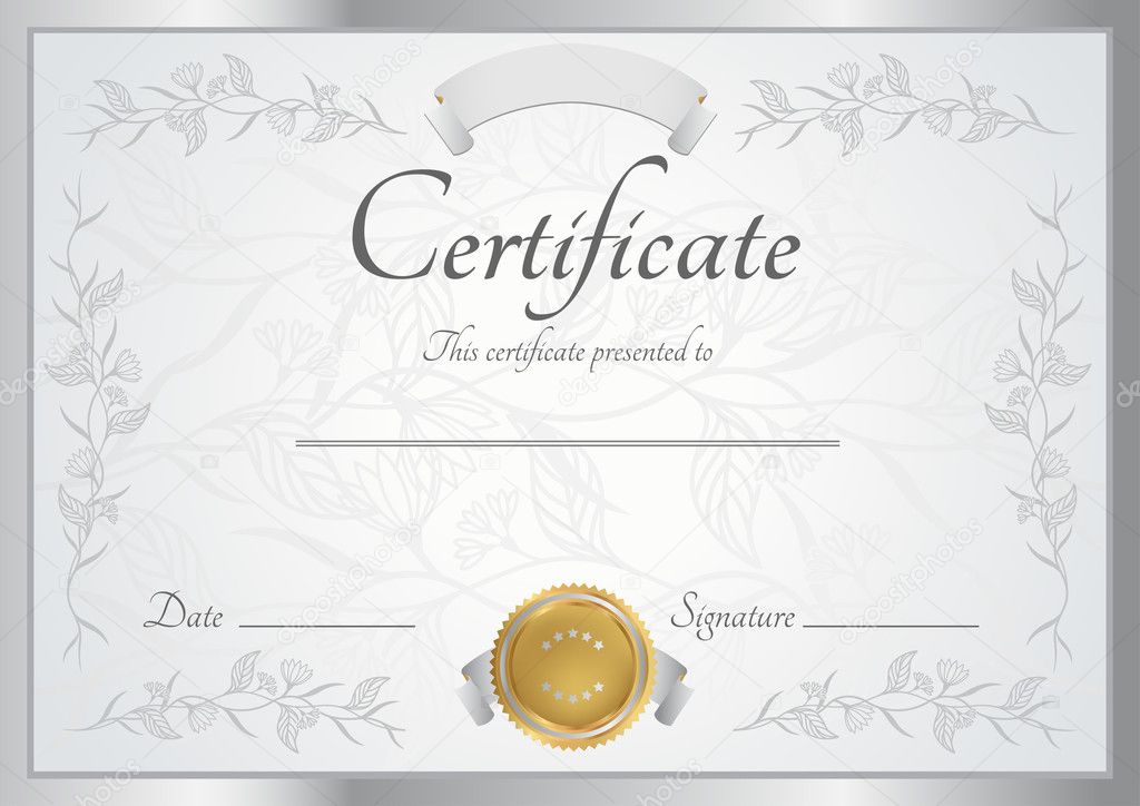 Horizontal silver certificate (diploma) of completion (template) with floral pattern and frame