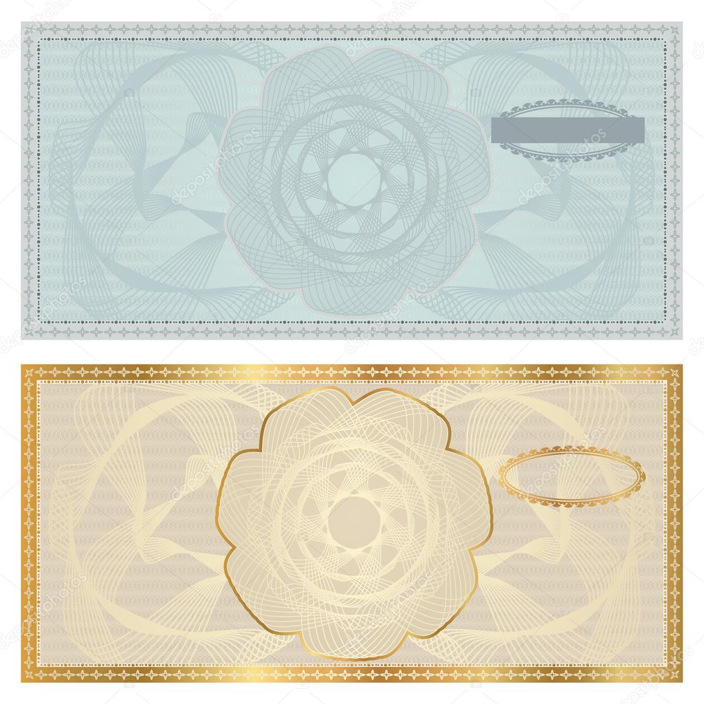 Voucher template with guilloche pattern (watermark), border . Background design for gift voucher, coupon, banknote, certificate, diploma, currency, check (cheque) etc. Vector in golden, blue colors