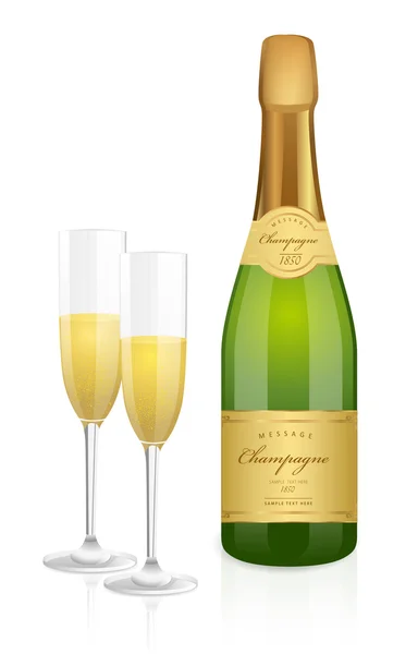 Izolovaná láhev šampaňského s dvěma vysoké sklenice — Stockový vektor