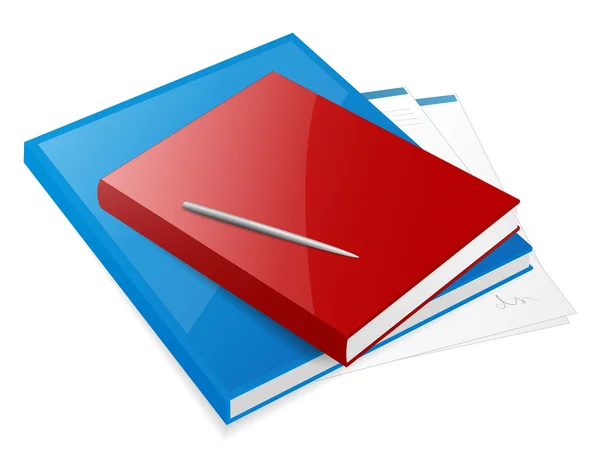 Isolerade blå och röda böcker med penna och tomma (dokument) på ett bord — Stock vektor