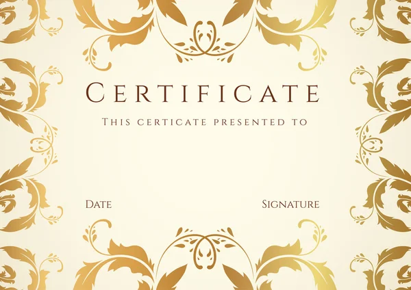 Certificado horizontal (diploma) de finalización (plantilla) con patrón floral dorado — Archivo Imágenes Vectoriales