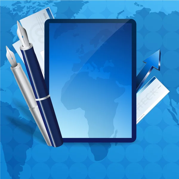 Blaues Geschäftskonzept mit Bildschirm, Karte und Geschäftselementen — Stockvektor