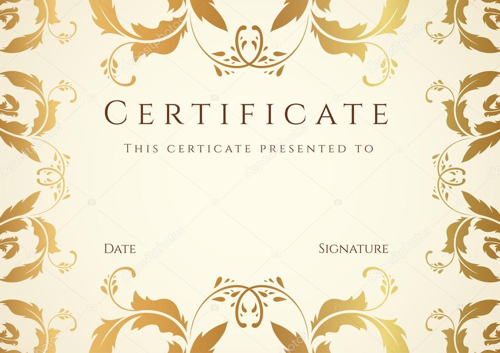 Horizontal certificate (diploma) of completion (template) with golden floral pattern