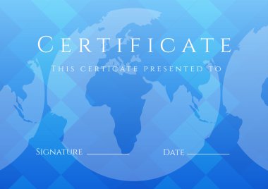 Tamamlanma (şablon) harita arka plan ile mavi belgesi (diploma)