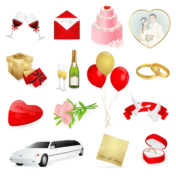 Set: Hochzeitssymbole. Tag für Liebe und Verliebte — Stockvektor