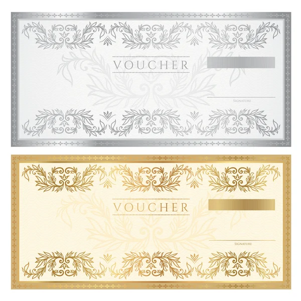 Gutscheinvorlage mit Blumenmuster, Wasserzeichen und Bordüre. Hintergrund Design für Gutschein, Gutschein, Banknote, Zertifikat, Diplom, Währung, Scheck (Scheck). Vektor in goldenen und silbernen Farben — Stockvektor