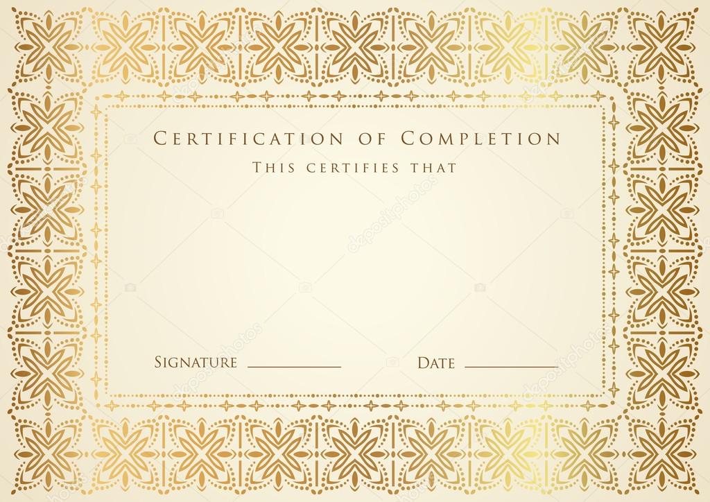 Horizontal certificate (diploma) of completion (template) with golden floral pattern and frame