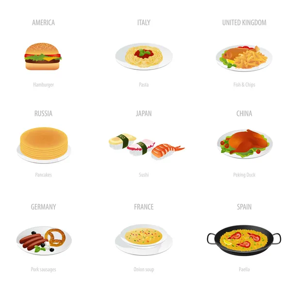 Vector set: Traditional cuisine. Isolated main course of different countries Stock Illustration