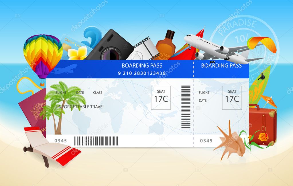 Travel by plane (airplane, aircraft). Conceptual flight vector design of boarding pass (ticket, traveler check). Summer vacation concept with sea (seascape), ocean, send (flight idea). Beach holidays