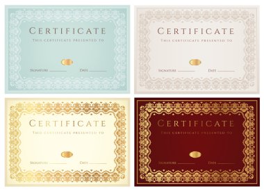 Tamamlanma (şablon) altın çiçek desenli ve kenarlıklı yatay belgesi (diploma) kümesi