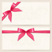 Dárkový poukaz (kupón, pozvánky nebo karta) šablona s květinovým vzorem, na hranicích a dárek červenou mašli (stuhy)