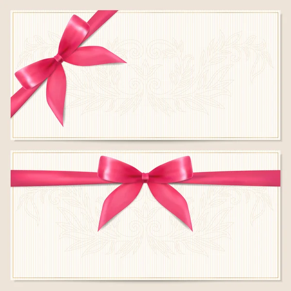 Cheque de regalo (cupón, invitación o tarjeta) plantilla con patrón floral, borde y arco rojo de regalo (cintas ) — Vector de stock
