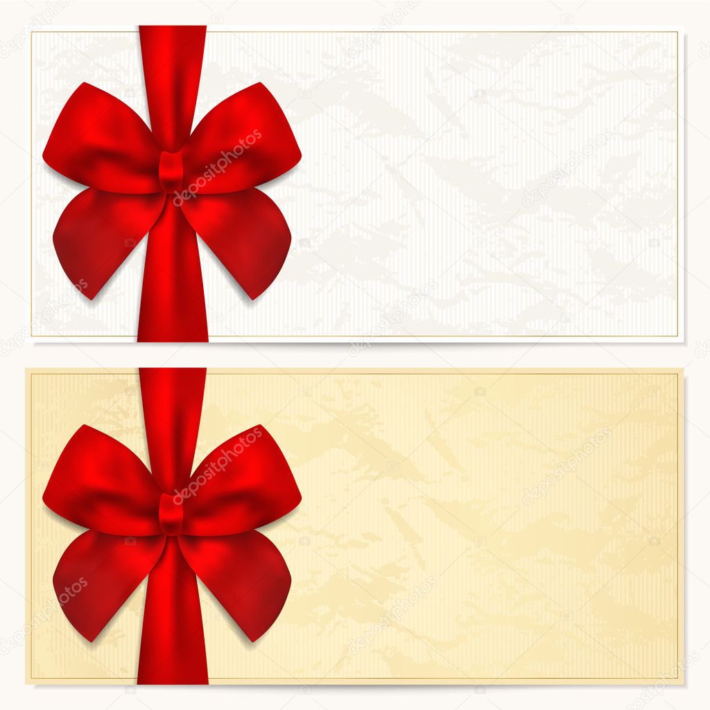 Gift Voucher (coupon, invitation or card) template with floral pattern, border and Gift red bow (ribbons)