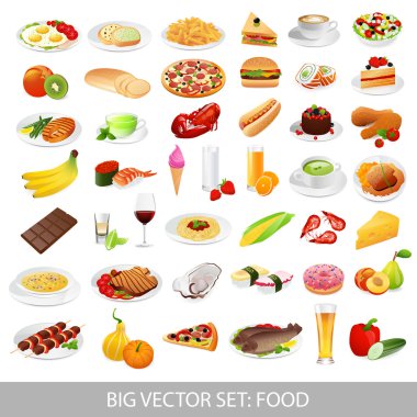 Картина, постер, плакат, фотообои "большой векторный набор: изолированные пищевые иконы (вкусные блюда). здоровое питание, нездоровое питание, морепродукты, фаст-фуд, напитки", артикул 19754391