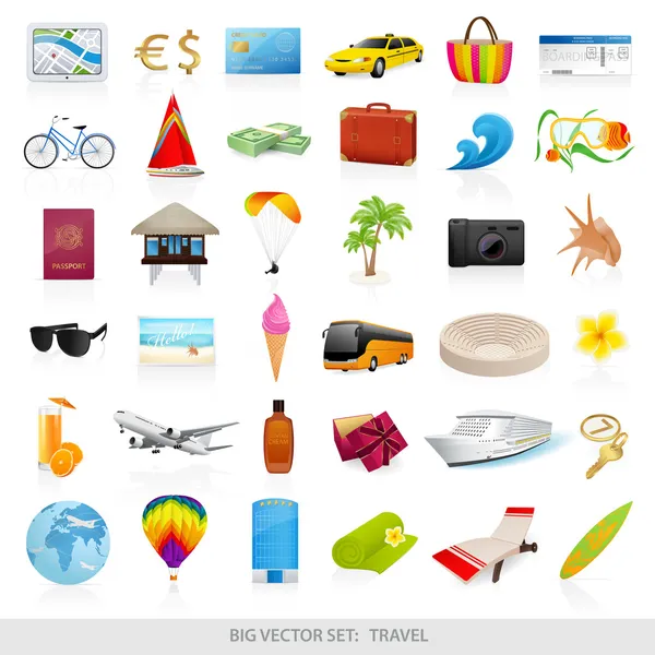 Velký vektorové sada: cestování (ikony). Izolovanou pláž symboly (objekty) pro dovolenou (prázdniny). Užijte si cestu — Stockový vektor