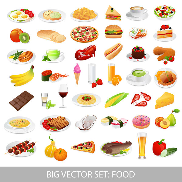 Большой векторный набор: Изолированные пищевые иконы (вкусные блюда). Здоровое питание, нездоровое питание, морепродукты, фаст-фуд, напитки