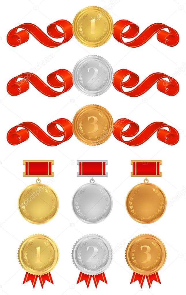 Vector set: Awards. Golden medals with red ribbons (sign of winner ...