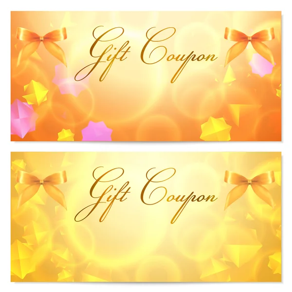 Gift coupon (voucher, convite ou cartão) modelo com padrão de estrelas abstratas e arco (fitas). Layout vetorial em cores douradas (amarelas) e laranja — Vetor de Stock
