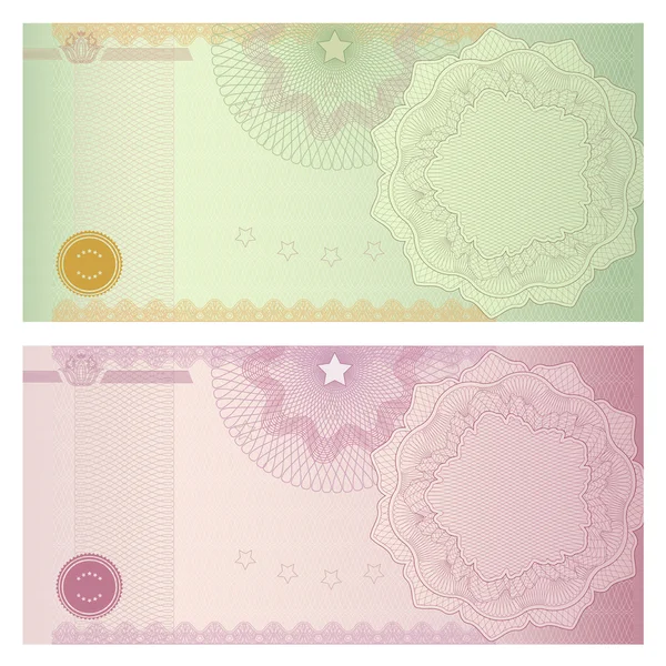 Voucher template with guilloche pattern (watermarks) and border. Background design usable for gift voucher, coupon, banknote, certificate, diploma, check, currency, cheque. Vector — Stock Vector