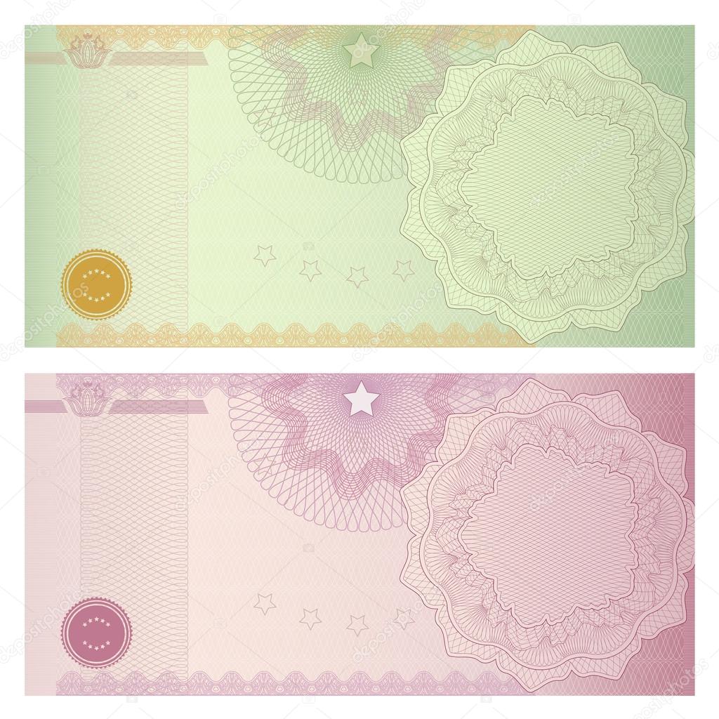 Voucher template with guilloche pattern (watermarks) and border. Background design usable for gift voucher, coupon, banknote, certificate, diploma, check, currency, cheque. Vector