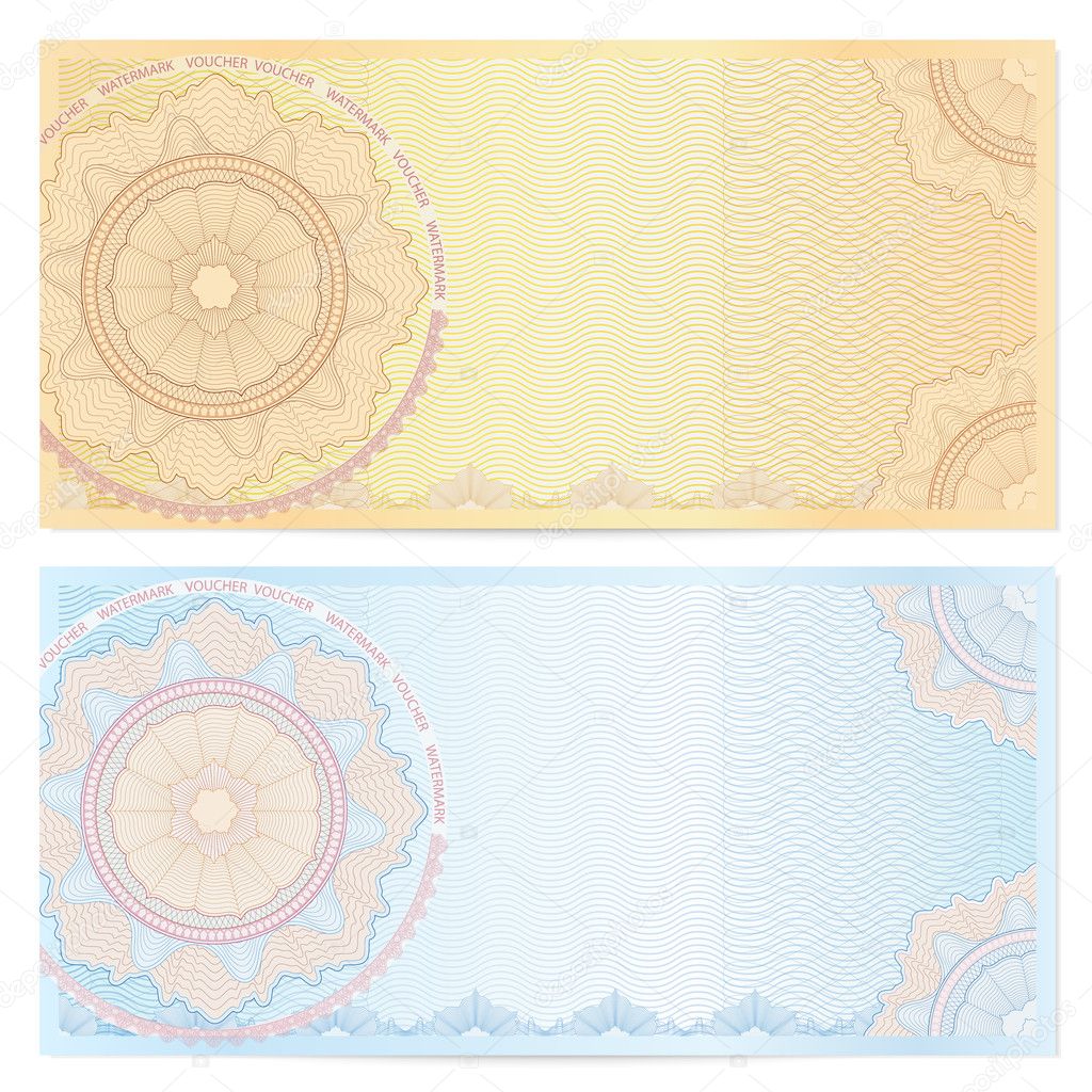 Voucher template with guilloche pattern (watermarks) and border. This background design usable for gift voucher, coupon, banknote, certificate, diploma, check (cheque), currency etc. Vector