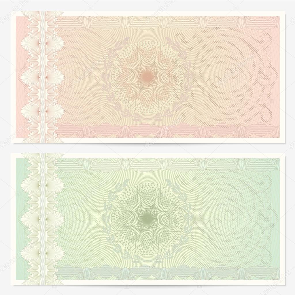 Voucher template with guilloche pattern (watermarks) and border. Background design for gift voucher, coupon, banknote, certificate, diploma, check, cheque, currency. Vector in green and beige colors