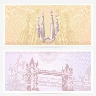 hediye çeki (kupon) şablonuyla guilloche desen (filigran) ve Simgesel. sagrada familia (Barselona, İspanya) ve tower bridge (Londra arka planlar)