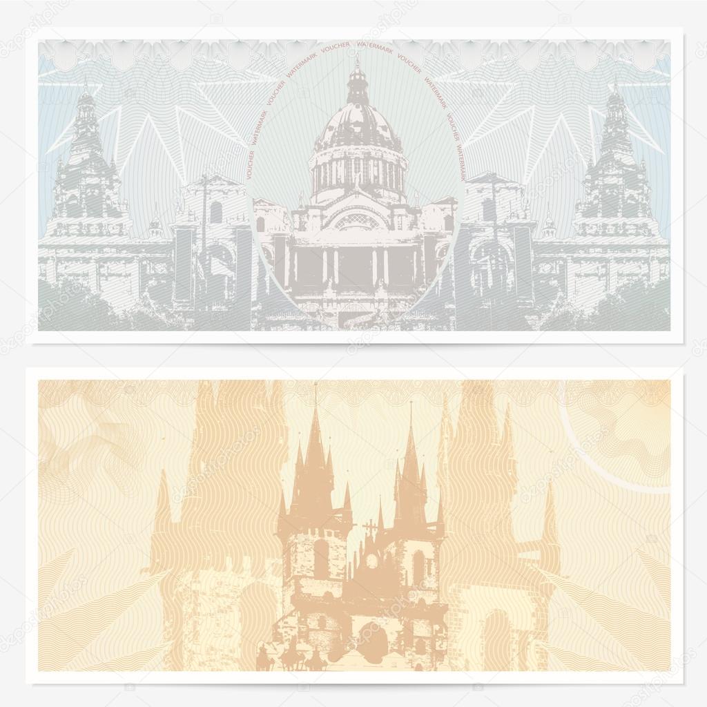 Gift Voucher (coupon) template with guilloche pattern (watermarks) and landmarks. Backgrounds with Sagrada Familia (Barcelona, Spain) and Tower bridge (London)