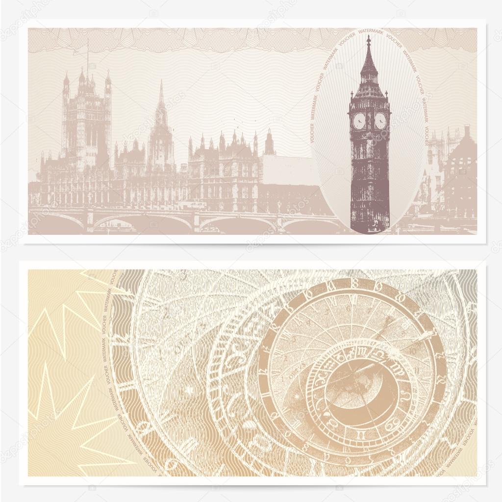 Gift Voucher (coupon) template with guilloche pattern (watermarks) and landmarks. Backgrounds with Big Ben and (London, Great Britain) and Astronomical Clock (Prague, Czech)
