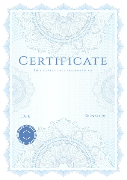 Tamamlama (şablon) mavi sertifikası. Guilloche desen arka plan üzerinde