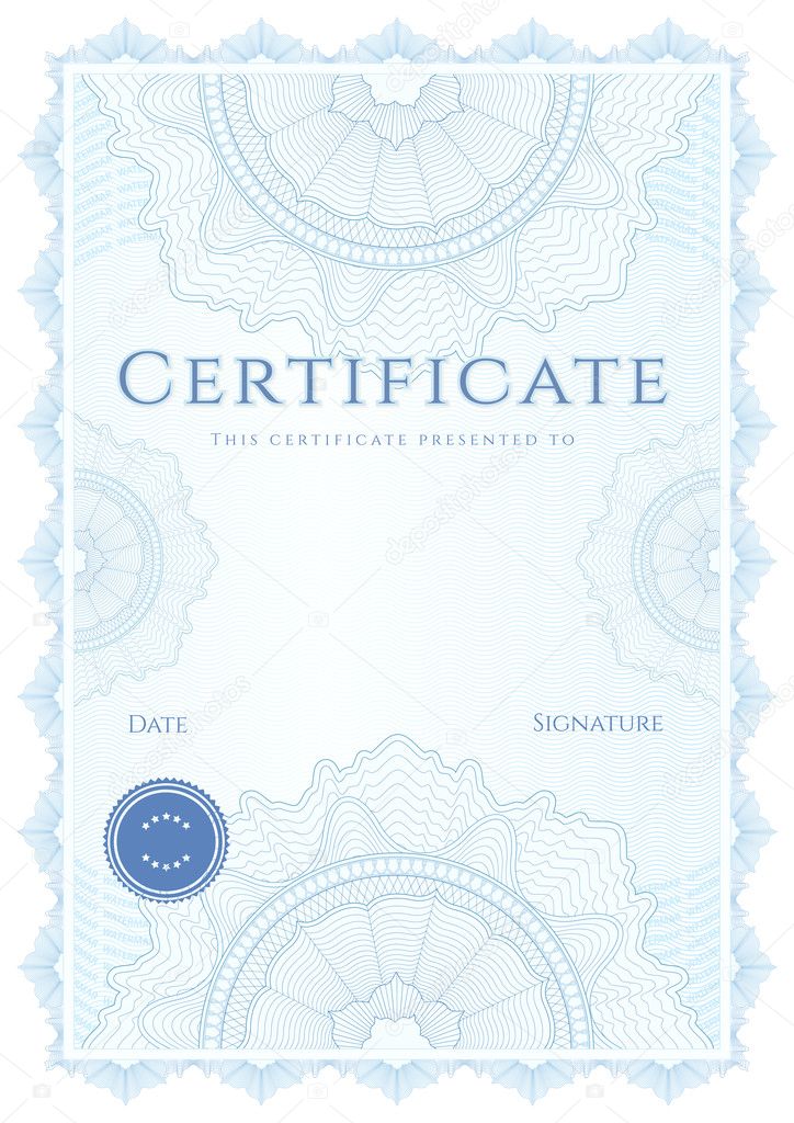 Blue certificate of completion (template). Guilloche pattern on background