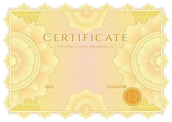 Certificado amarillo horizontal de cumplimentación (plantilla) con fondo de patrón guilloche — Archivo Imágenes Vectoriales