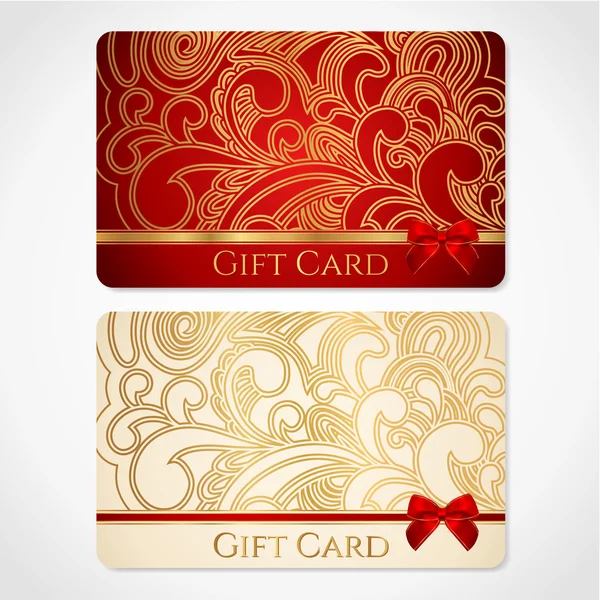 Red and gold gift card (discount card) with floral pattern and red bow (ribbons) Royalty Free Stock Vectors