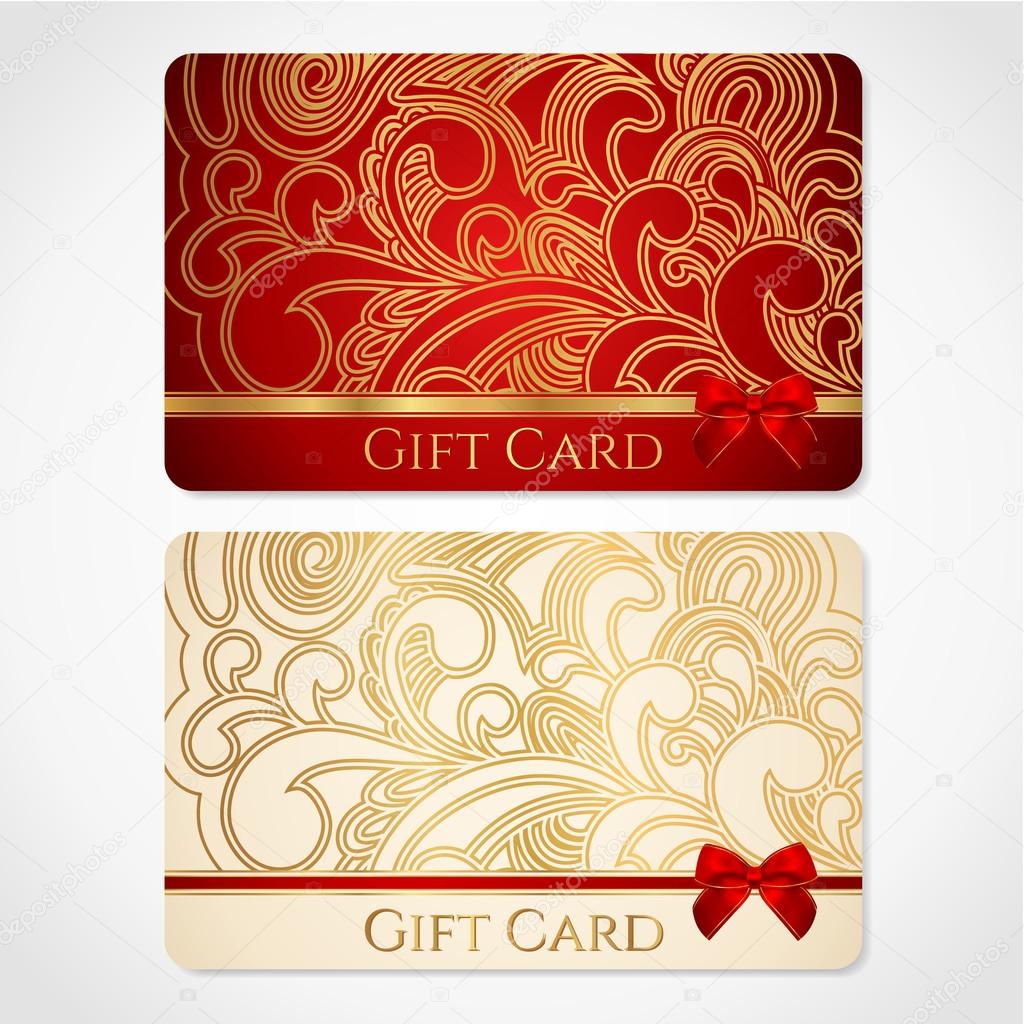 Red and gold gift card (discount card) with floral pattern and red bow (ribbons)